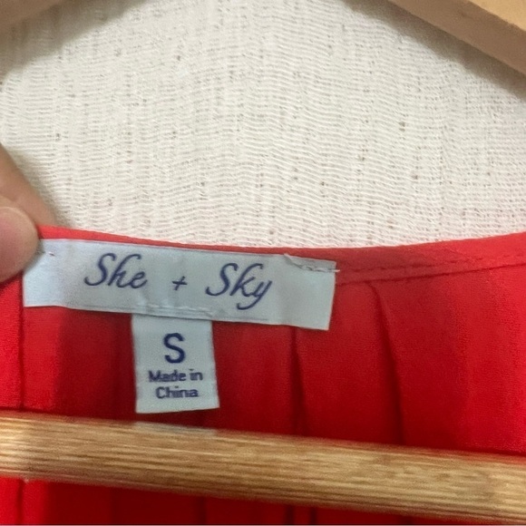 She + Sky Red Dress Midi Blouson Flowy Spring Summer Boho Trendy size S Small - Picture 7 of 8